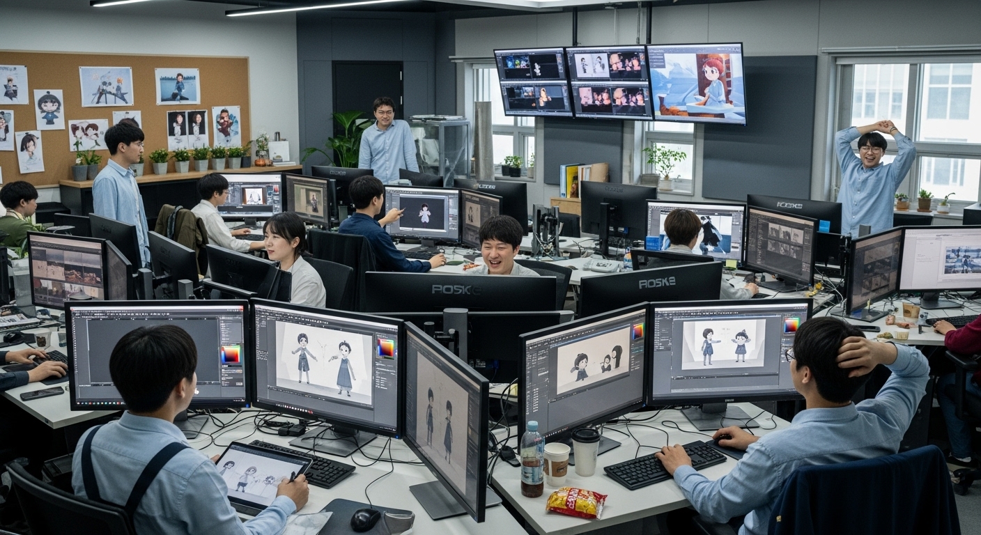 활기찬 분위기의 애니메이션 스튜디오에서 컴퓨터로 작업하는 모습