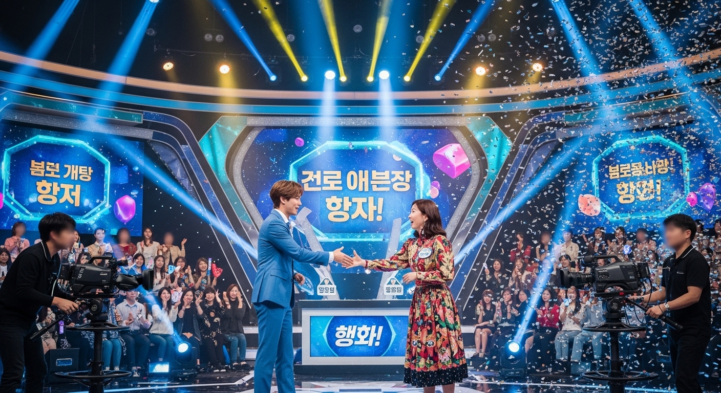 게임쇼 세트장에서 처음 만나는 두 유명인의 긴장된 순간