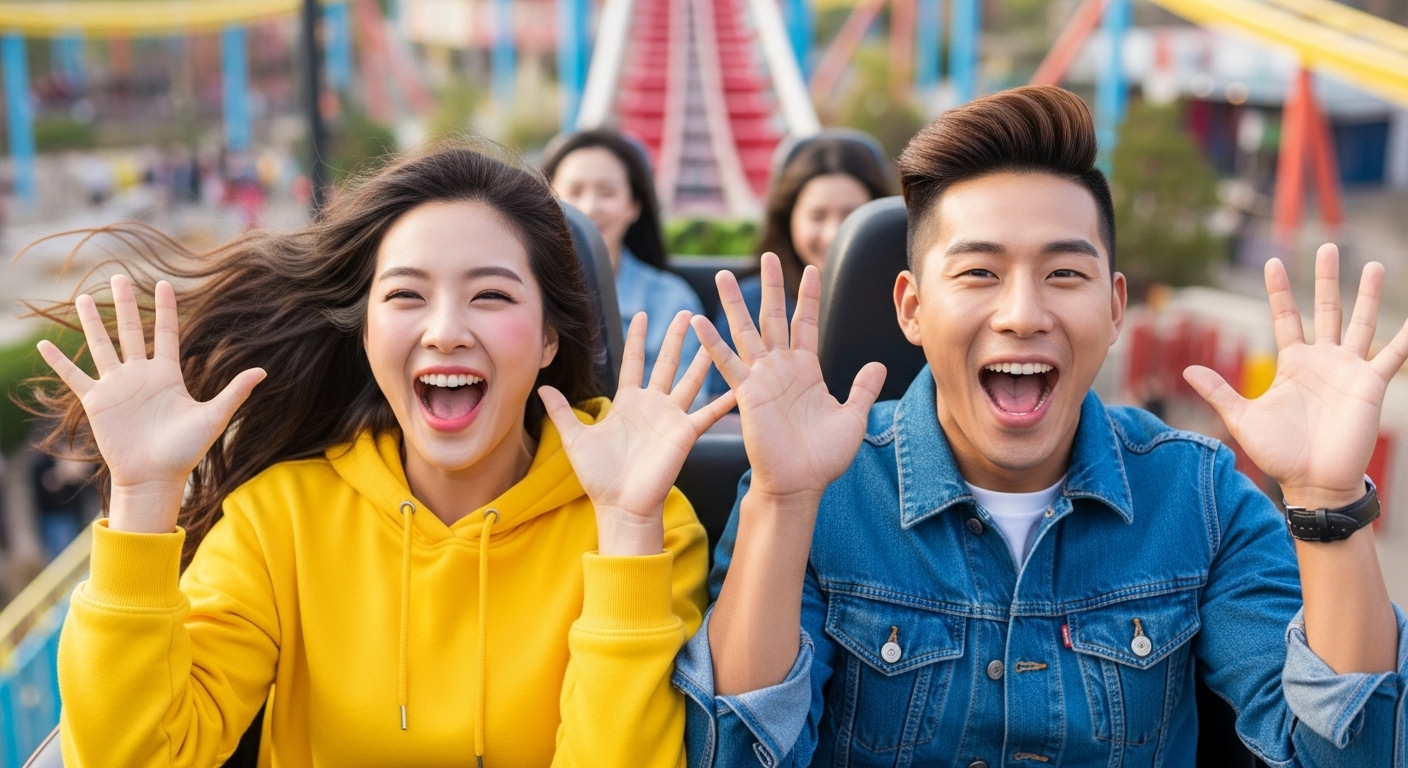 놀이공원 데이트를 즐기는 밝고 행복한 커플