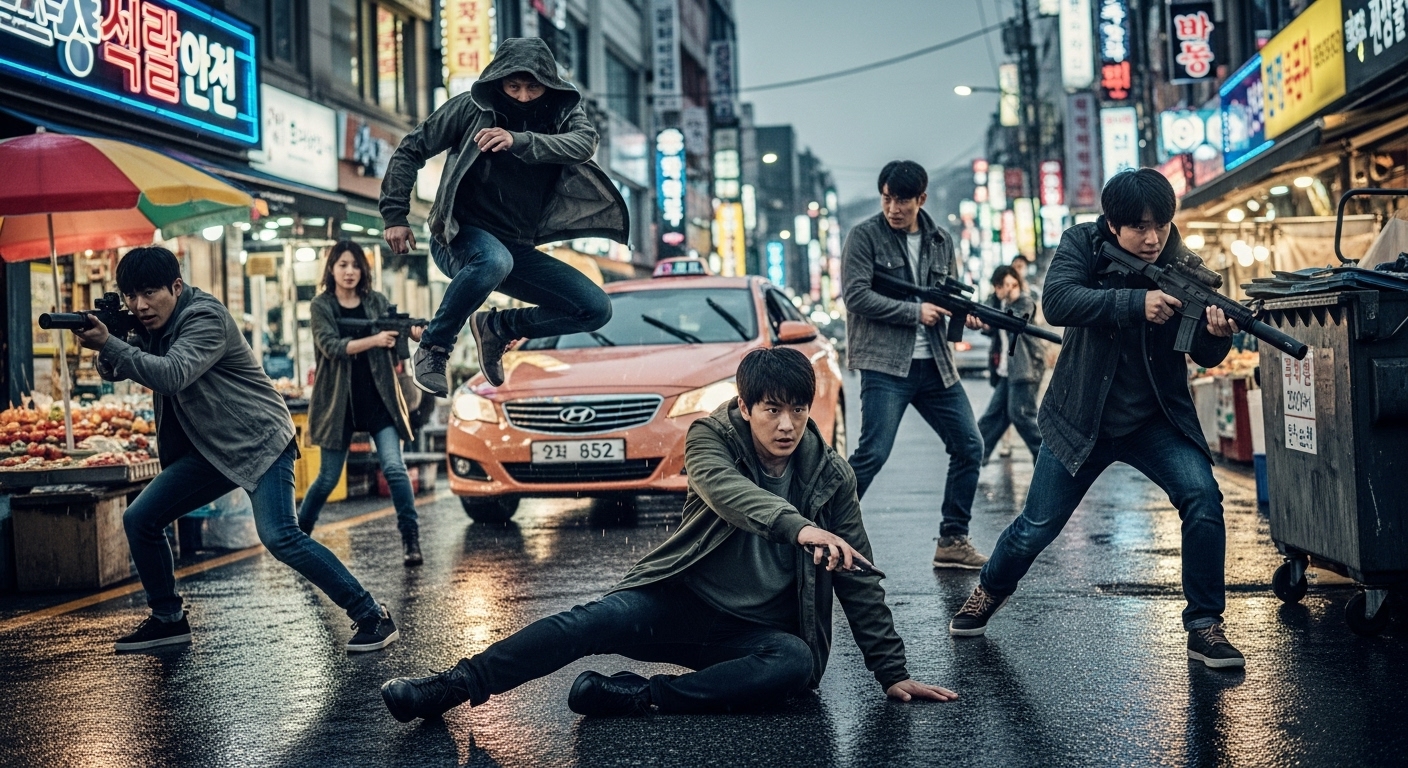 평범한 이웃으로 위장한 한국 배우들이 특수부대원으로 변신하여 역동적인 액션 포즈를 취하는 모습