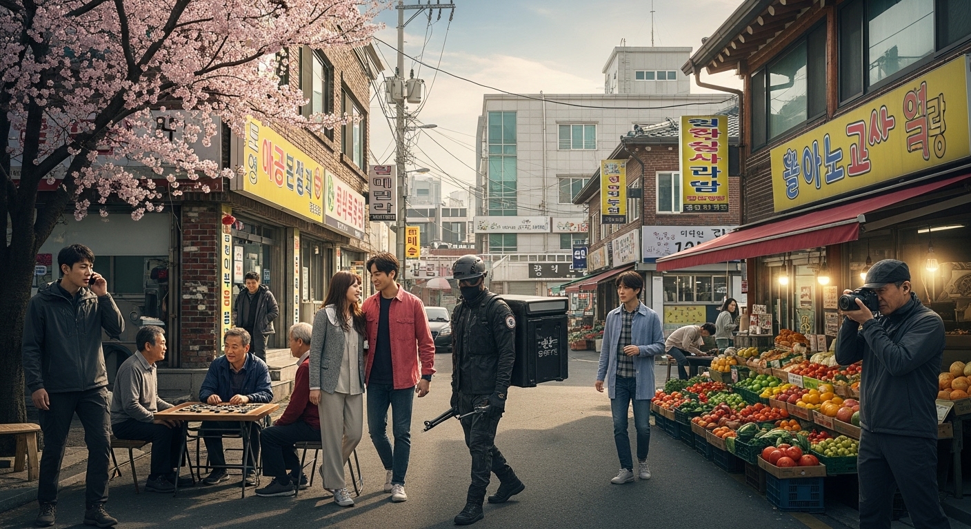 한국의 동네에서 일상에 녹아든 예비역 특공대원들이 공동체와 상호작용하며 은밀히 작전을 수행하는 장면