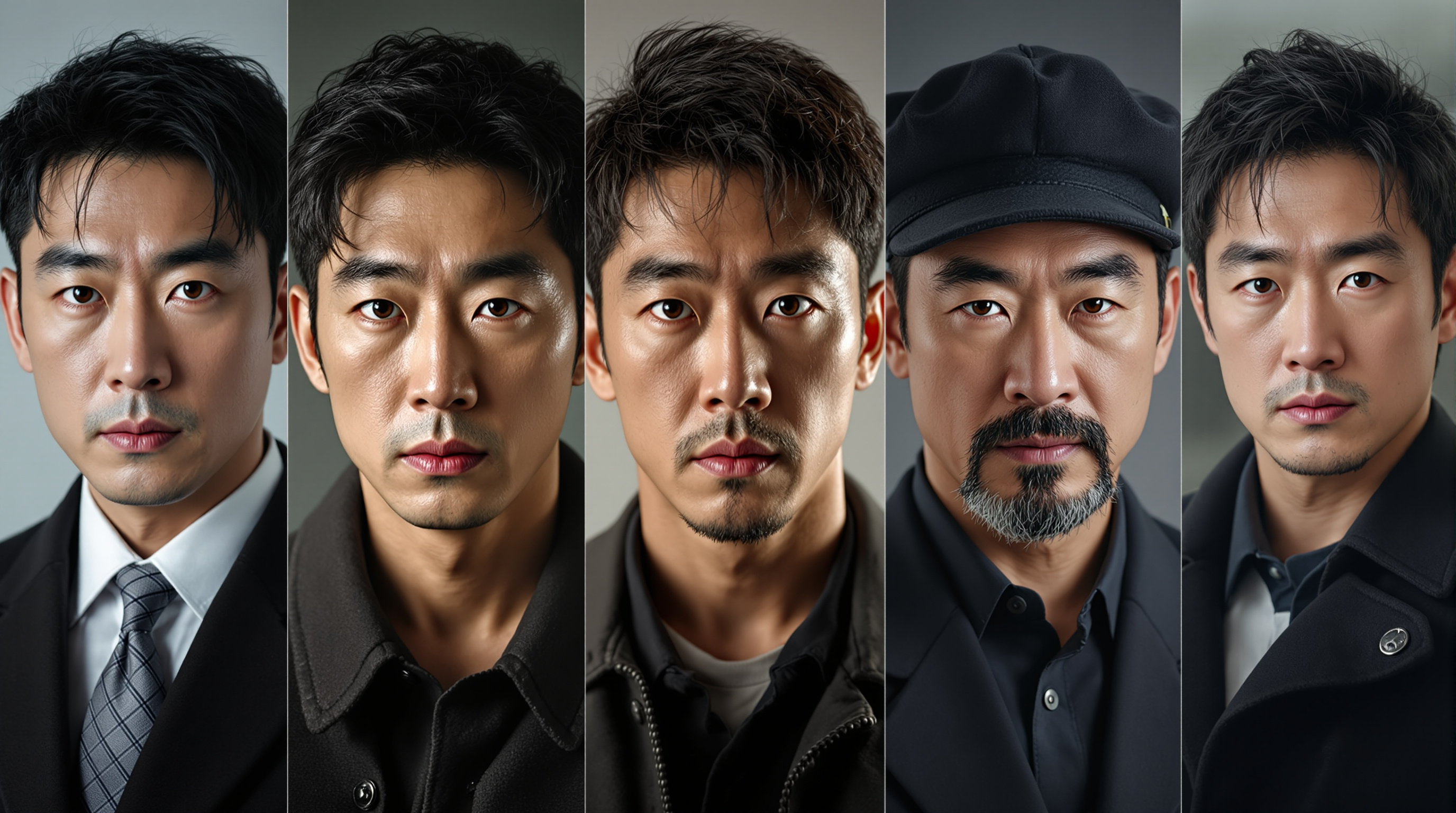 보험 조사관과 무술 체육관장 등 다양한 역할을 연기하는 다섯 명의 한국 배우들의 초상화가 각자의 강점을 보여주는 모습