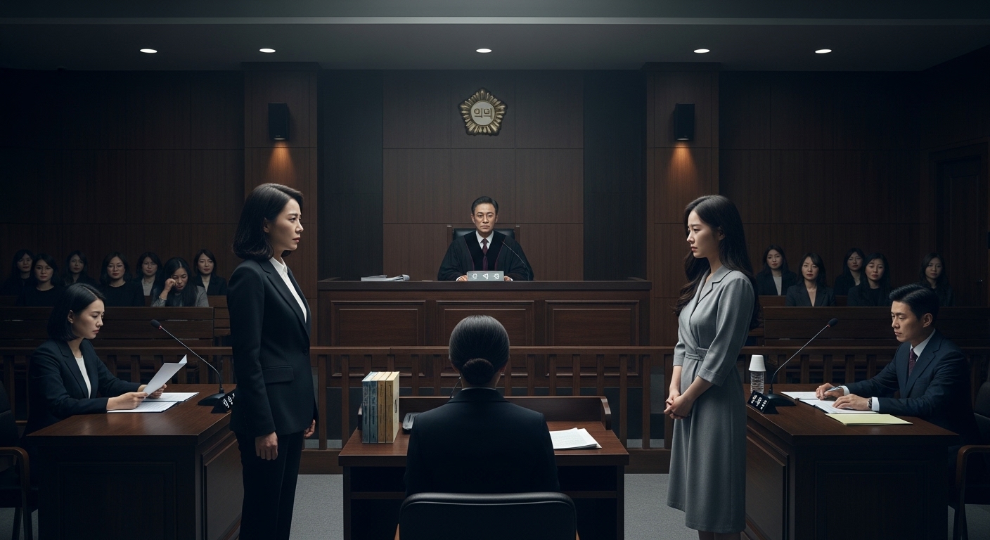 법정에서 판사 앞에 선 두 여자의 긴장된 장면