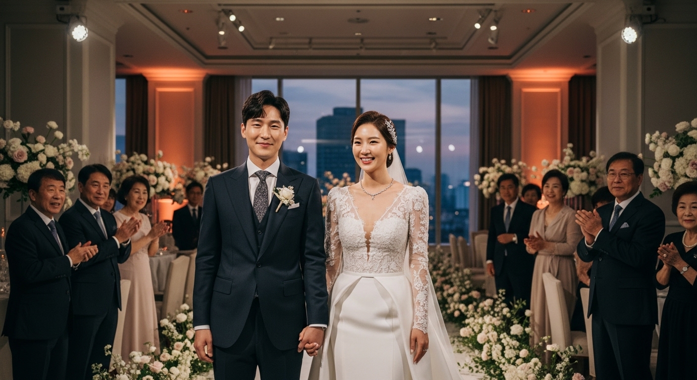 럭셔리한 장소에서 결혼식을 올리는 현대적인 커플과 그들을 둘러싼 하객들