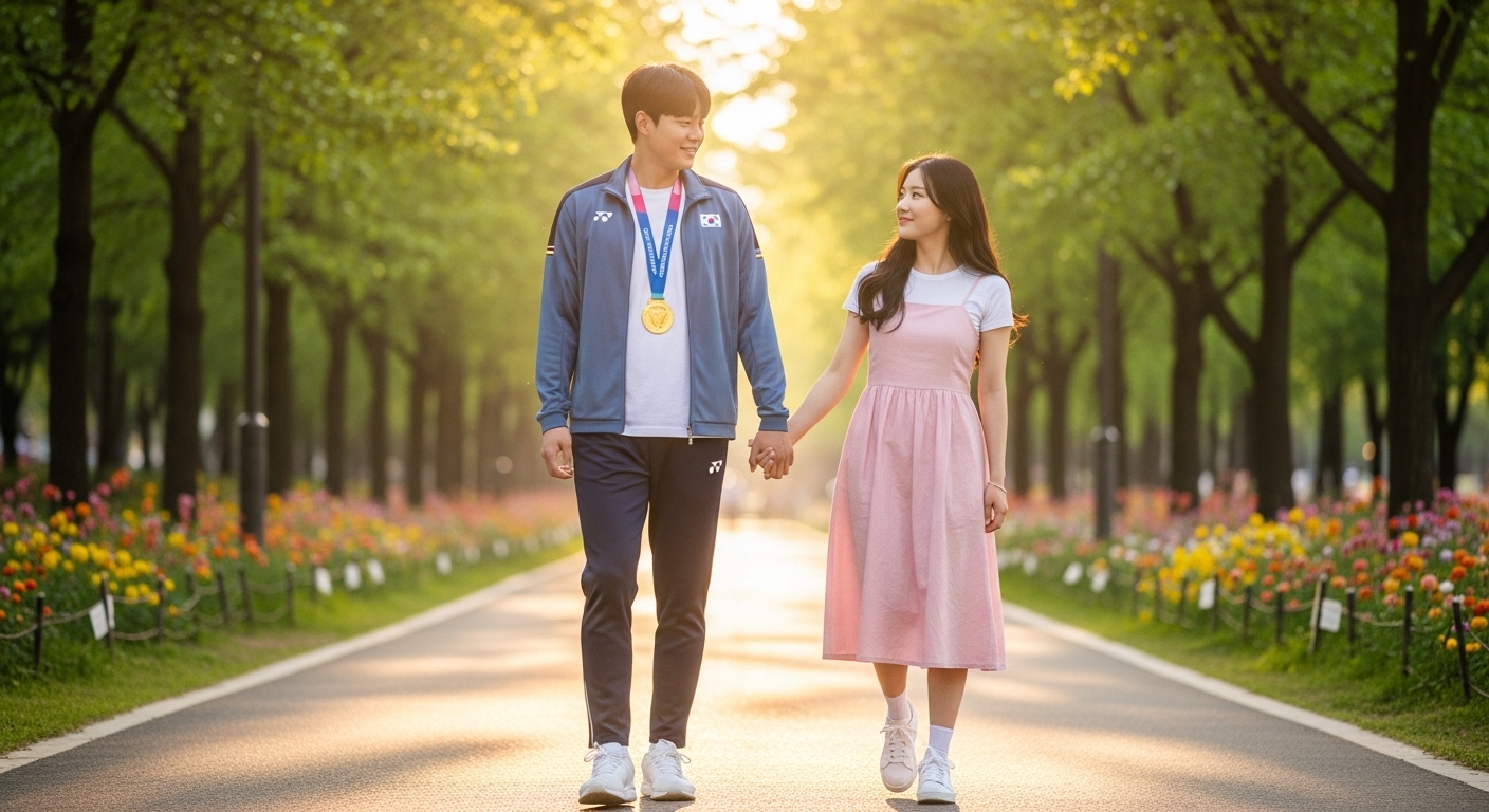 공원에서 손을 잡고 있는 젊은 커플, 남자는 캐주얼 스포츠웨어와 금메달을 착용