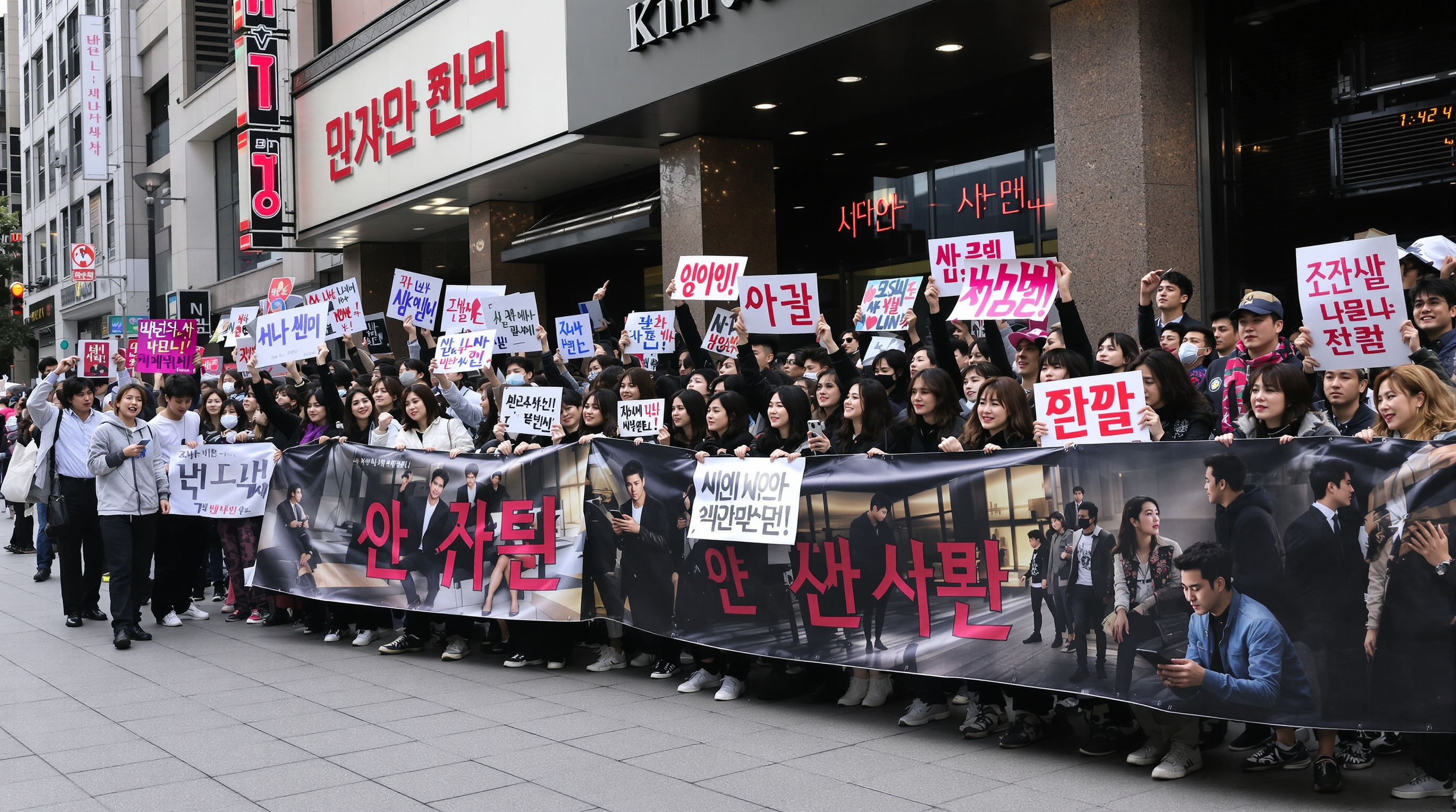 극장 앞에 모여 김우빈 드라마 이벤트를 기다리는 열정적인 팬들