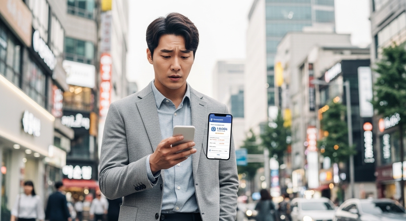 현대적 도시 배경에서 스마트폰으로 세탁 가격표를 확인하는 직장인의 모습