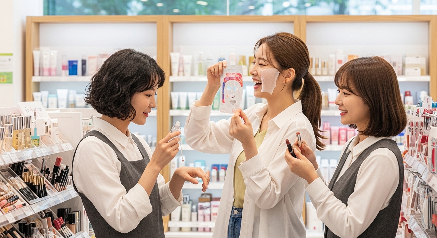젊은 여성들이 미니멀리즘 디자인의 뷰티 코너에서 다이소의 새로운 뷰티 제품을 시도하는 모습