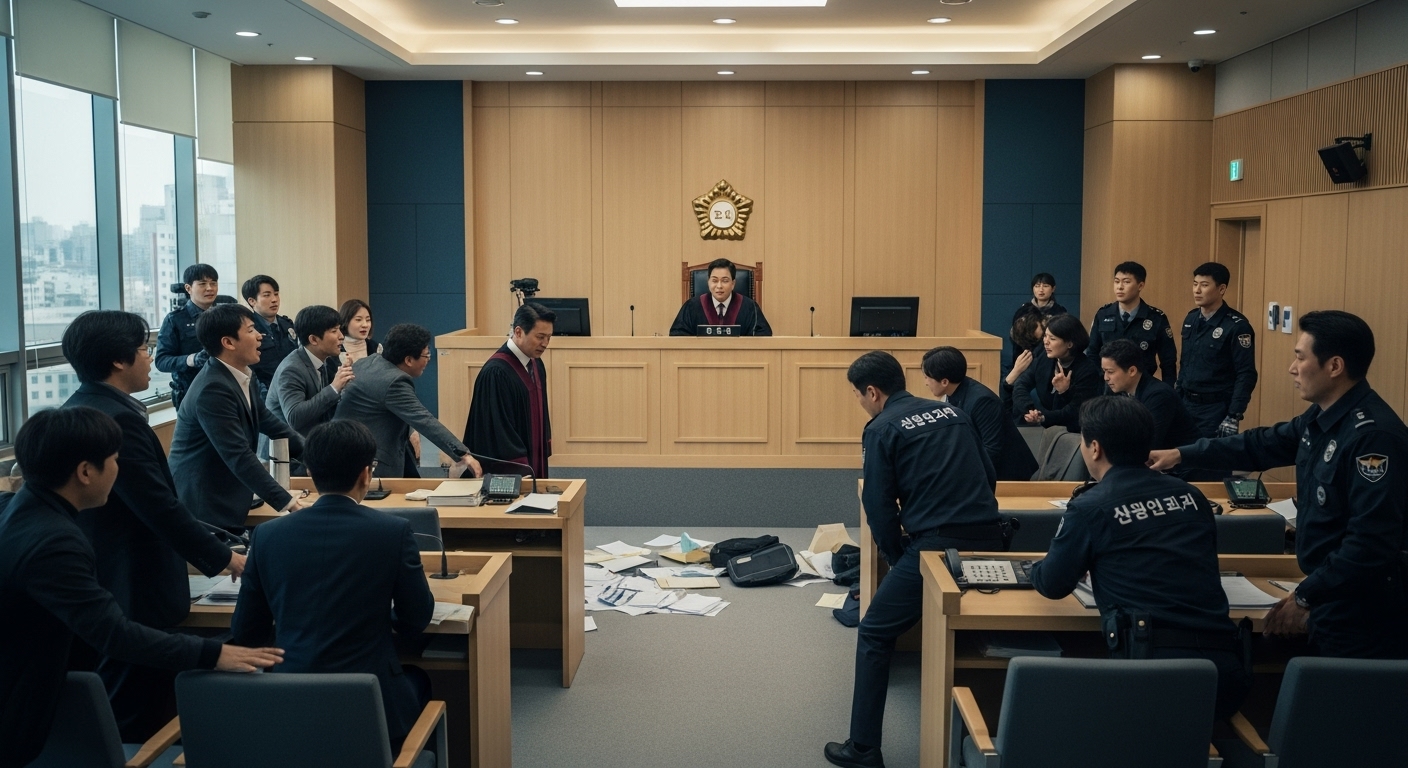 한국 법정에서 소란을 피우는 사람들과 이를 제지하는 판사와 보안 요원들
