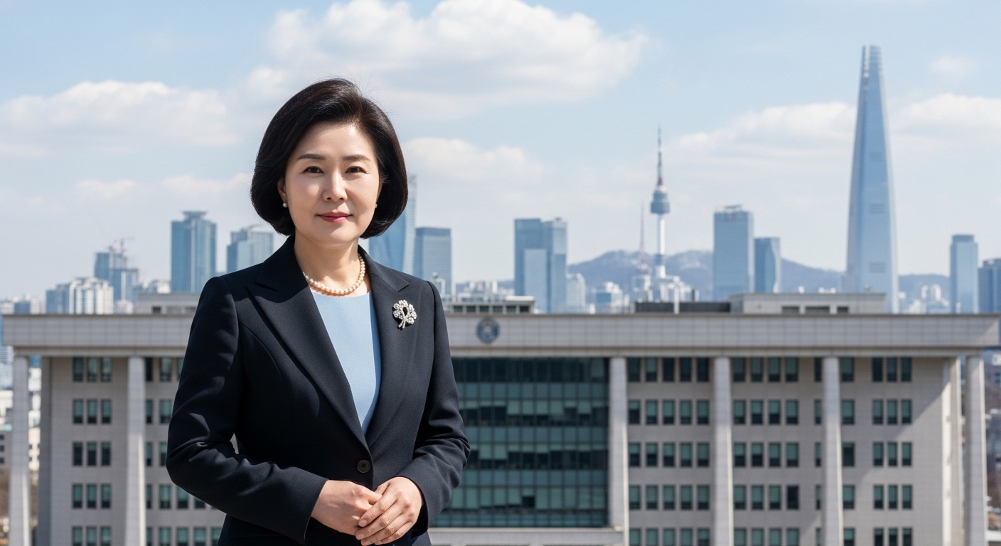 서울 스카이라인을 배경으로 정부 청사 앞에 서 있는 자신감 있는 표정의 여성 정치인의 모습