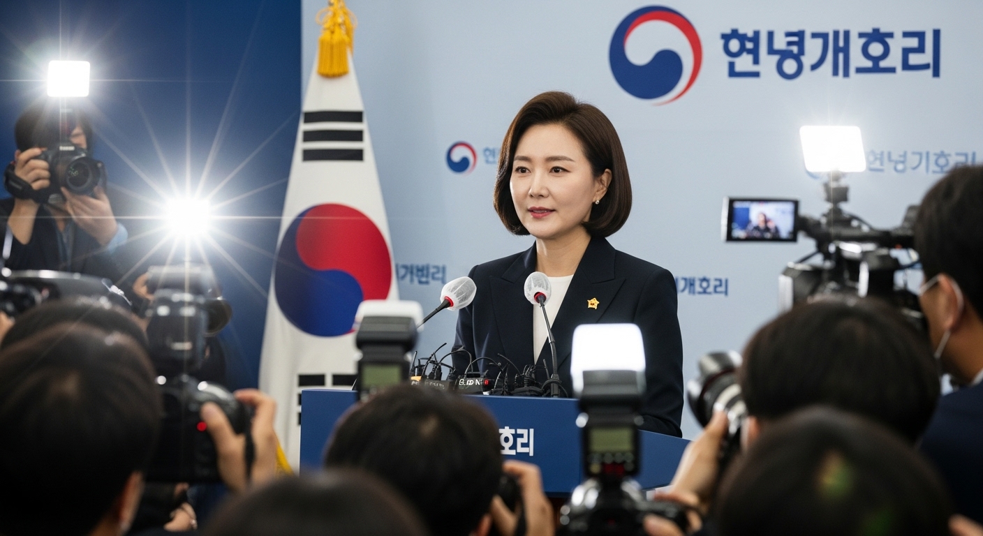 기자회견장에서 카메라 플래시 속에 서 있는 현대 여성 정치인의 모습