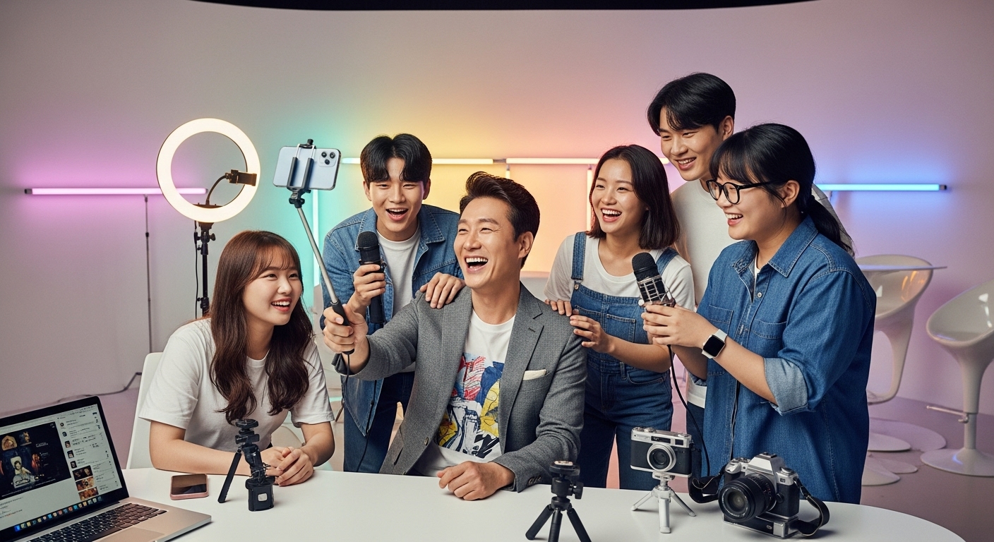 활기찬 스튜디오 환경에서 젊은 층과 소셜 미디어 콘텐츠를 만드는 여성 정치인의 모습