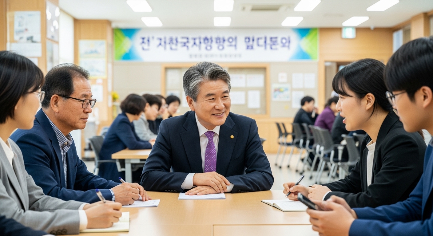 커뮤니티 모임 공간에서 다양한 세대와 소통하는 노련한 여성 정치인의 모습