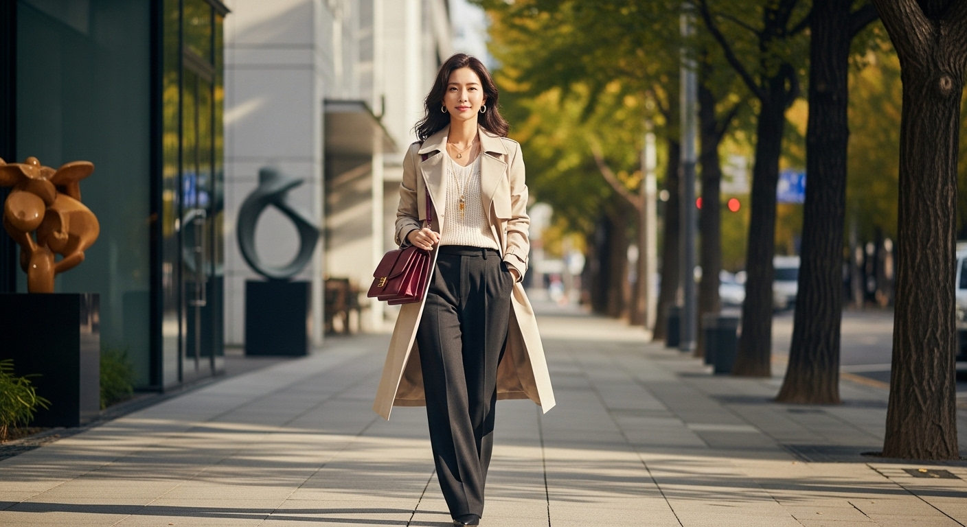도심 속에서 봄과 가을 패션을 입은 세련된 여성이 걷고 있는 모습