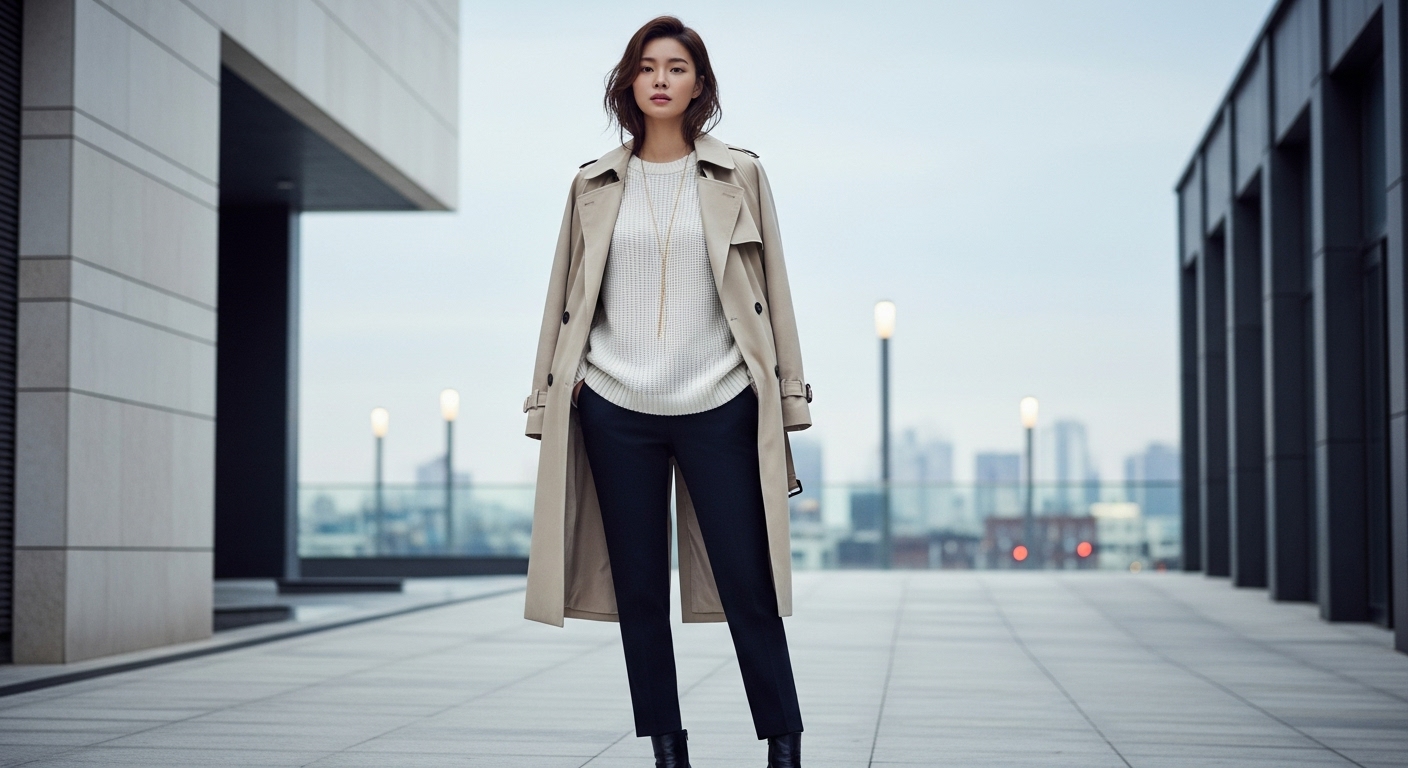 고급스럽고 차분한 색상의 옷차림을 한 모델이 도시 배경에서 포즈를 취하는 모습