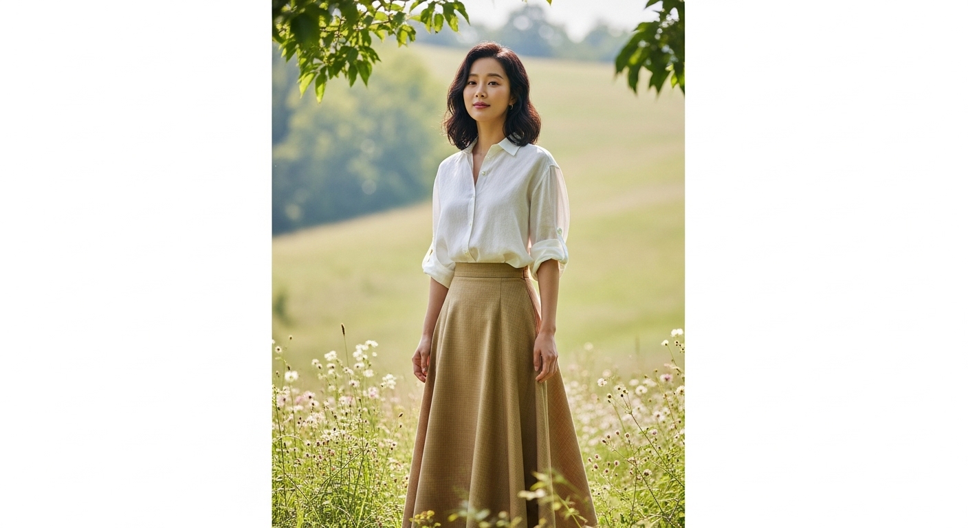 자연 속에서 여유로운 핏의 셔츠와 A라인 스커트를 입은 배우가 우아함을 강조하는 모습