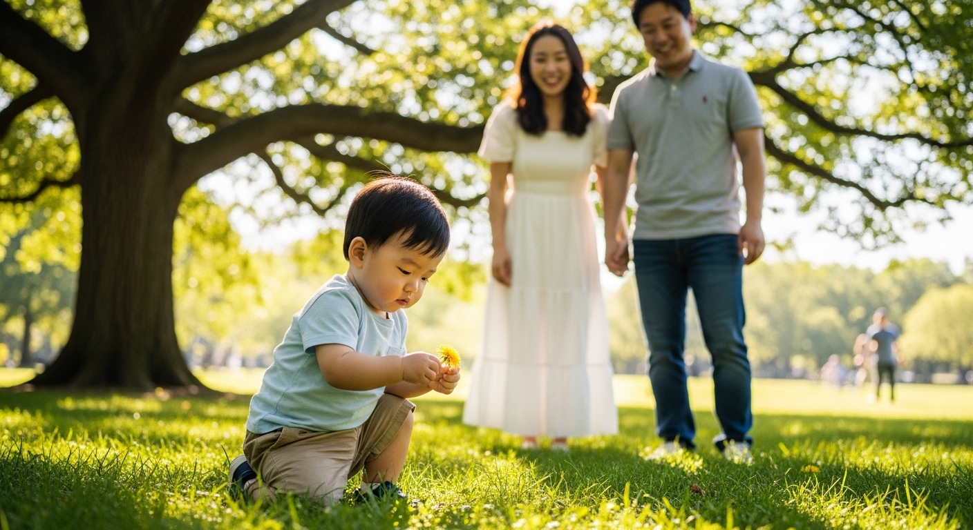 공원에서 호기심 있게 탐색하는 한국 유아의 모습