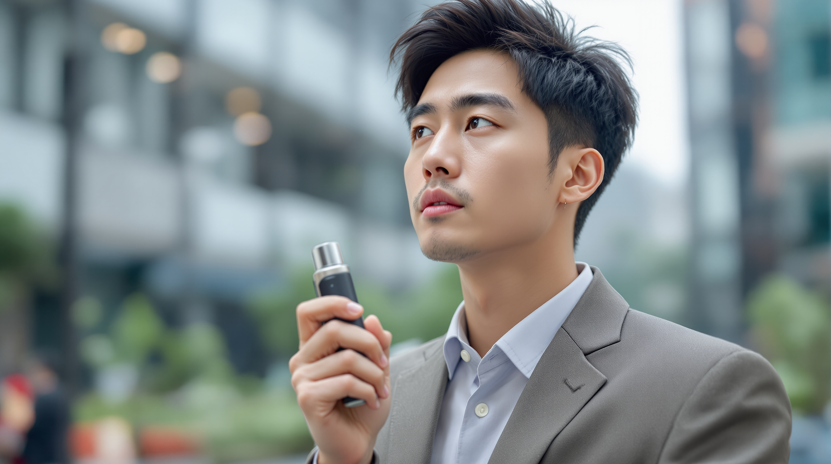 현대적 도시 환경에서 세련된 전자담배를 들고 있는 직장인의 모습