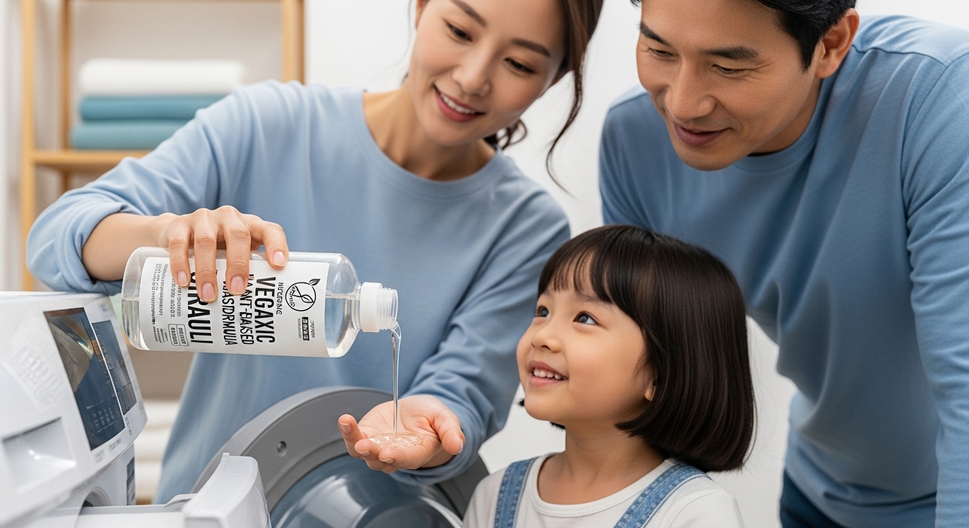 비건 성분이 강조된 세제를 사용하는 가족