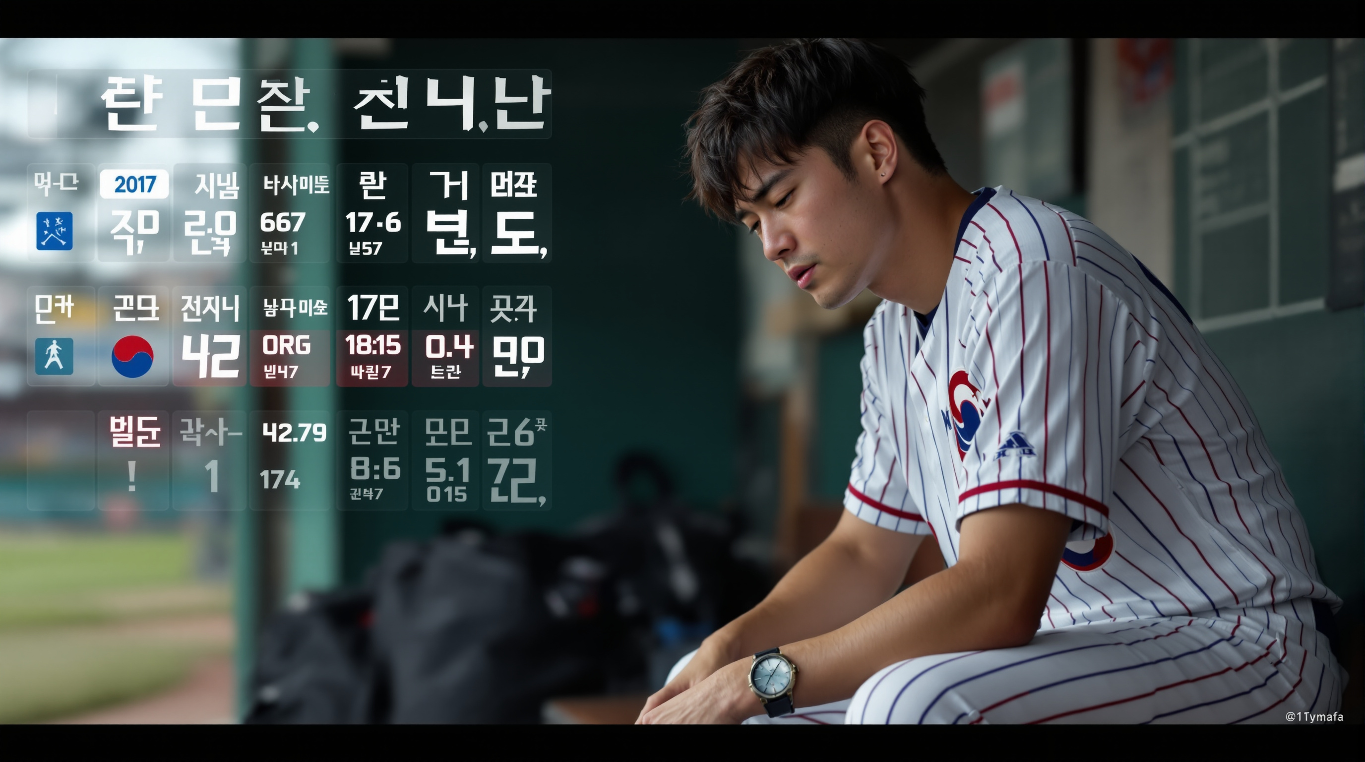 경기 후 더그아웃 벤치에 앉아 피곤한 표정을 짓고 있는 강백호