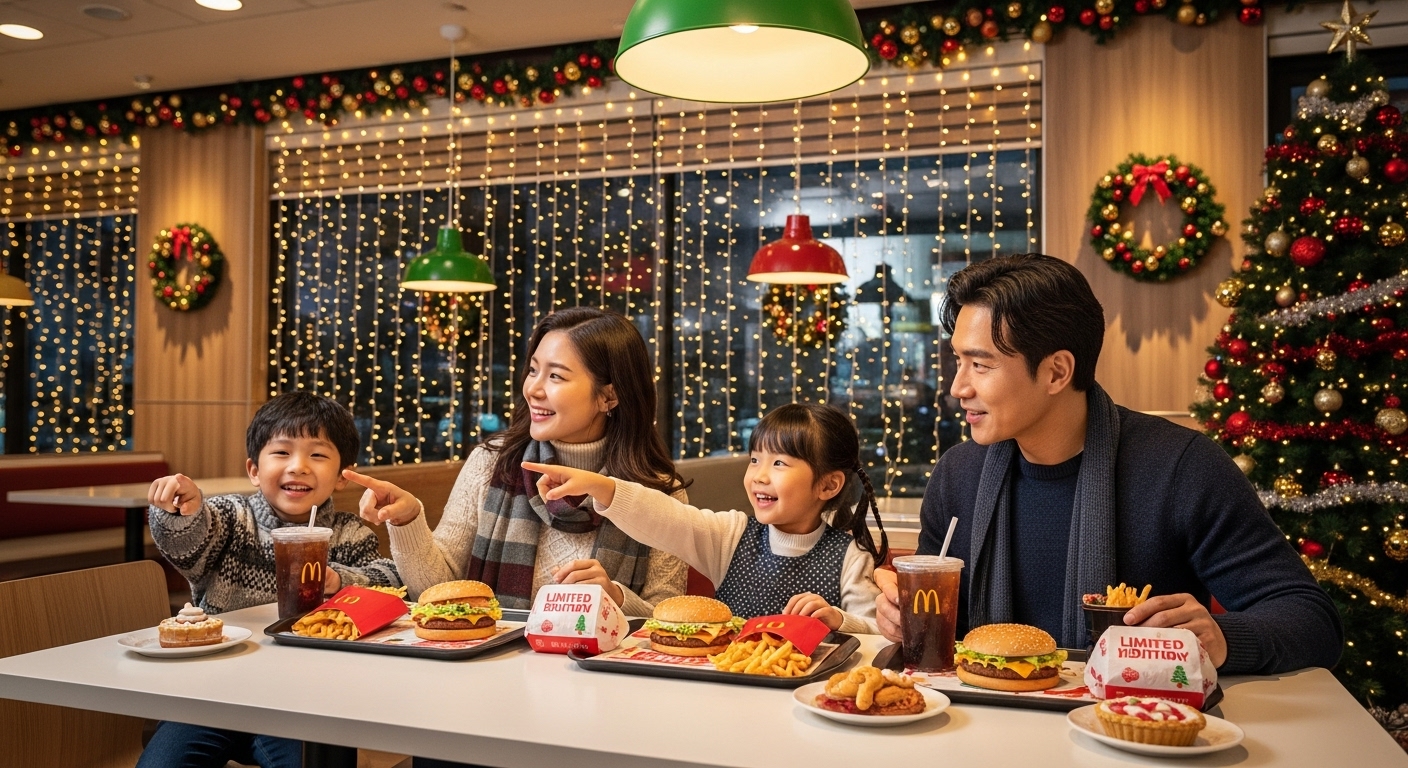맥도날드에서 크리스마스 한정 메뉴를 즐기는 가족의 모습