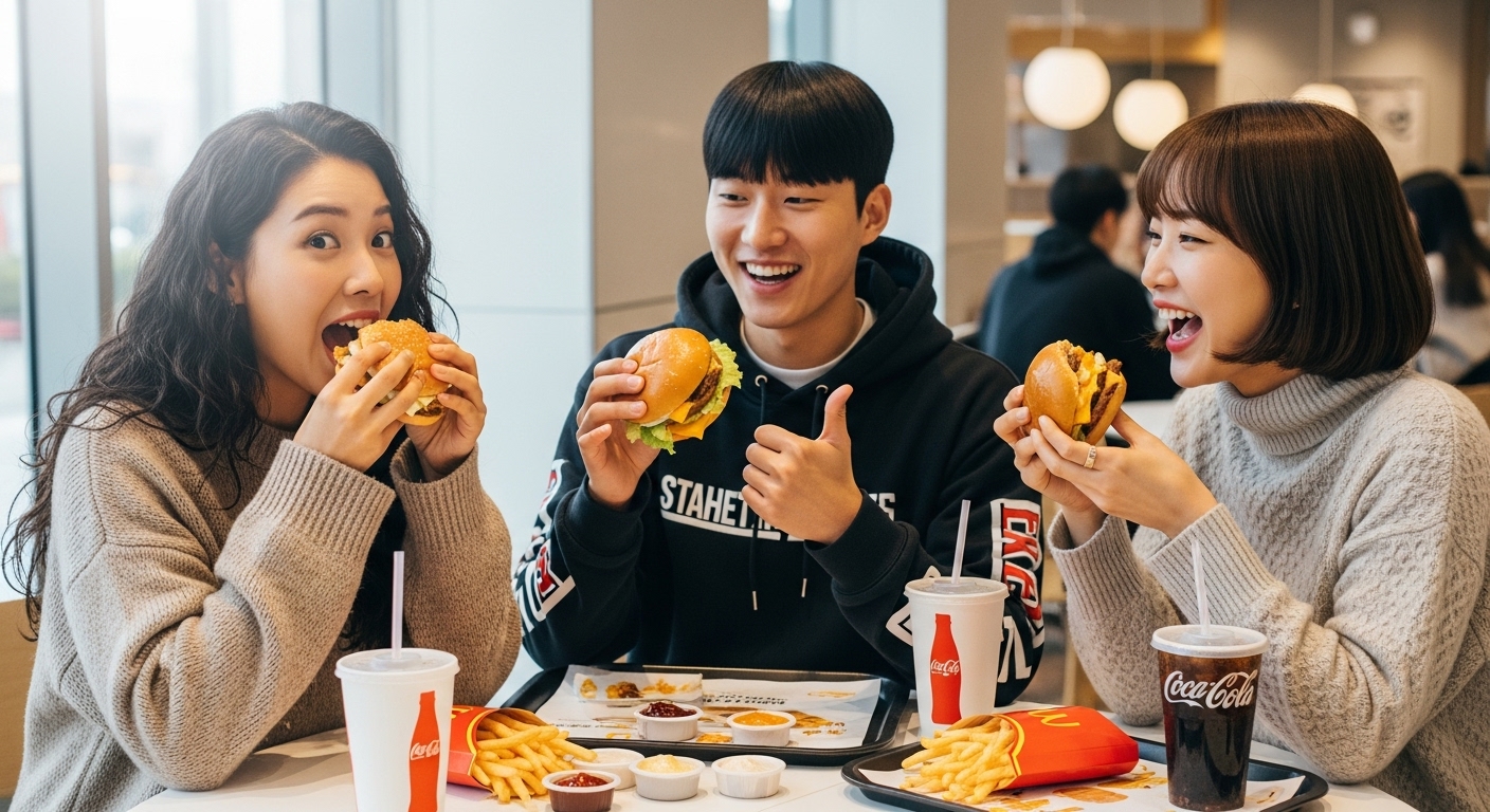 매콤한 핫 트러플 치즈 버거를 시식하며 즐거워하는 젊은 사람들