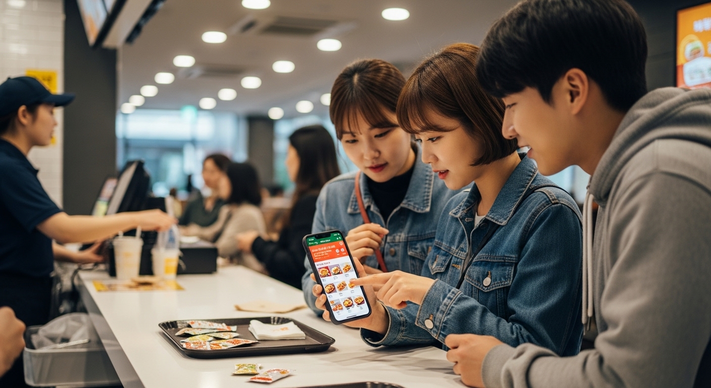 젊은 사람들이 점심시간에 패스트푸드 레스토랑에서 앱으로 음식을 주문하는 모습