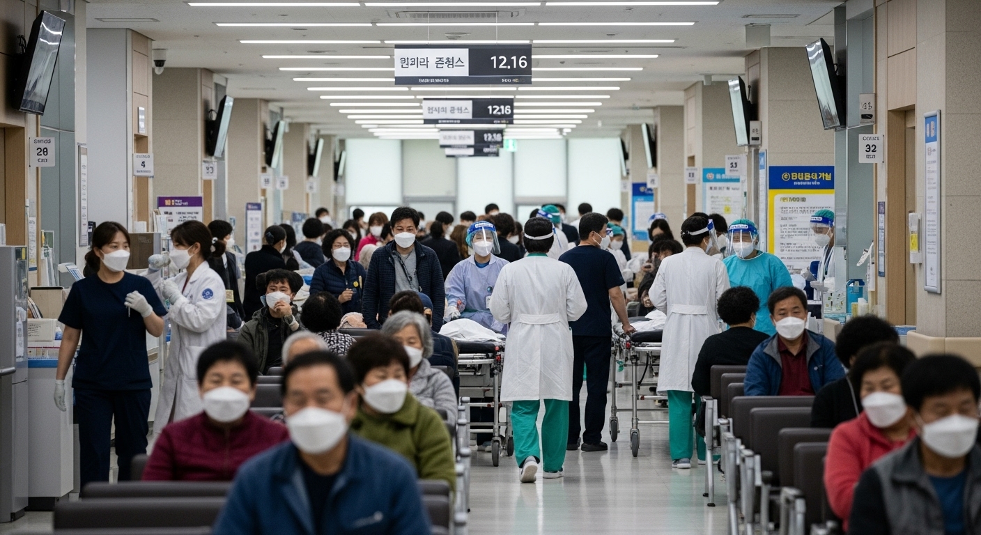 현대 한국 병원에서 마스크를 쓴 환자와 보호 장비를 착용한 의료진이 북적이는 모습
