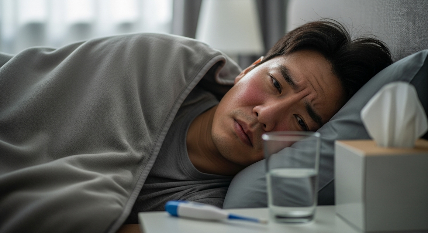 집에서 이불을 덮고 오한과 열로 고통스러워하는 남성의 모습