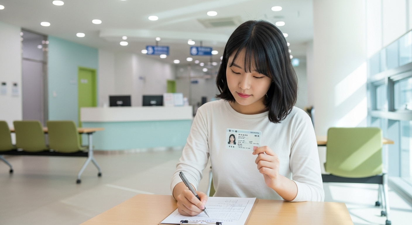 젊은 여성이 지역 보건소에서 신분증을 들고 서류를 작성하는 모습