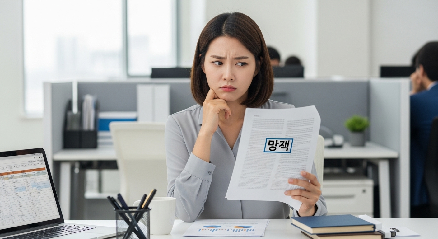 현대 사무실에서 서류를 읽으며 '좌초'의 의미를 고민하는 직장인의 모습