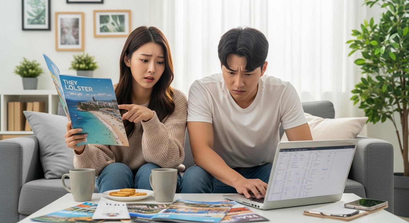 여행 브로셔를 보며 취소될 수도 있는 여행 계획을 이야기하는 젊은 커플