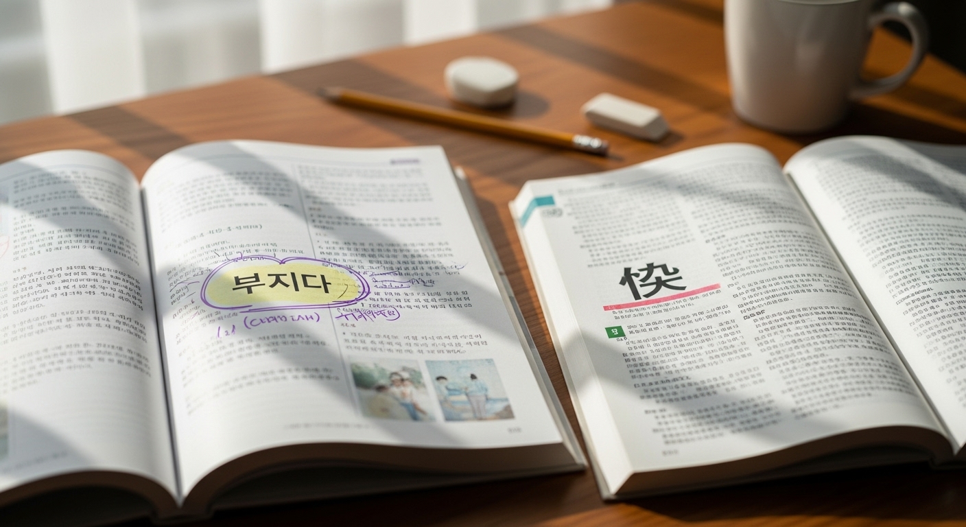 책상 위에 한국어와 중국어 교재가 펼쳐져 있는 모습