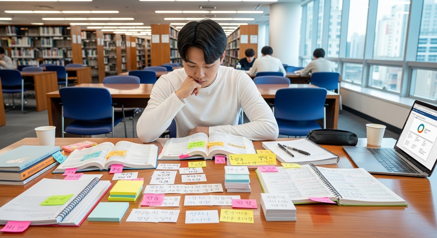 현대 도서관에서 언어 노트를 정리하며 공부하는 학생