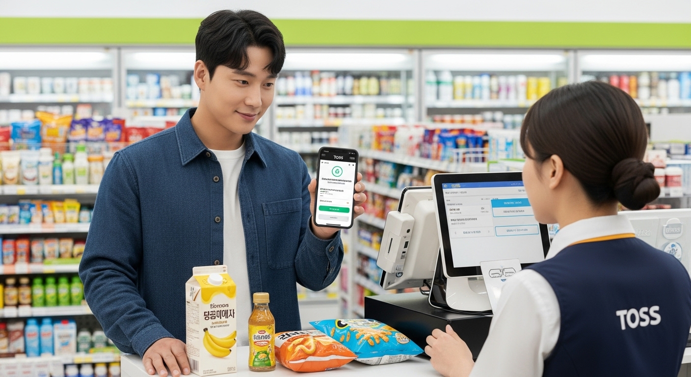 편의점에서 토스 포인트로 결제하는 남성의 모습
