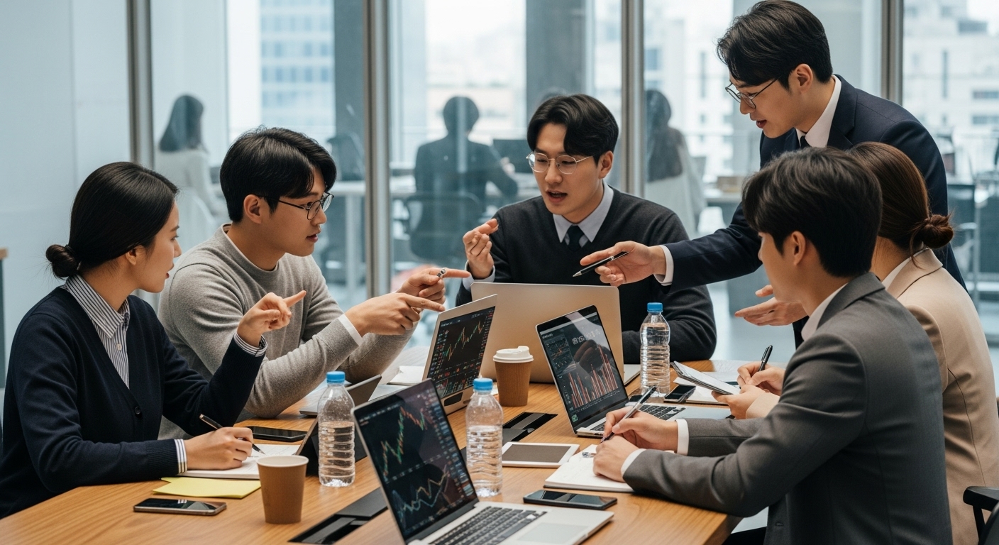 젊은 성인 투자자들이 디지털 기기와 노트를 이용해 투자 전략을 논의하는 모습