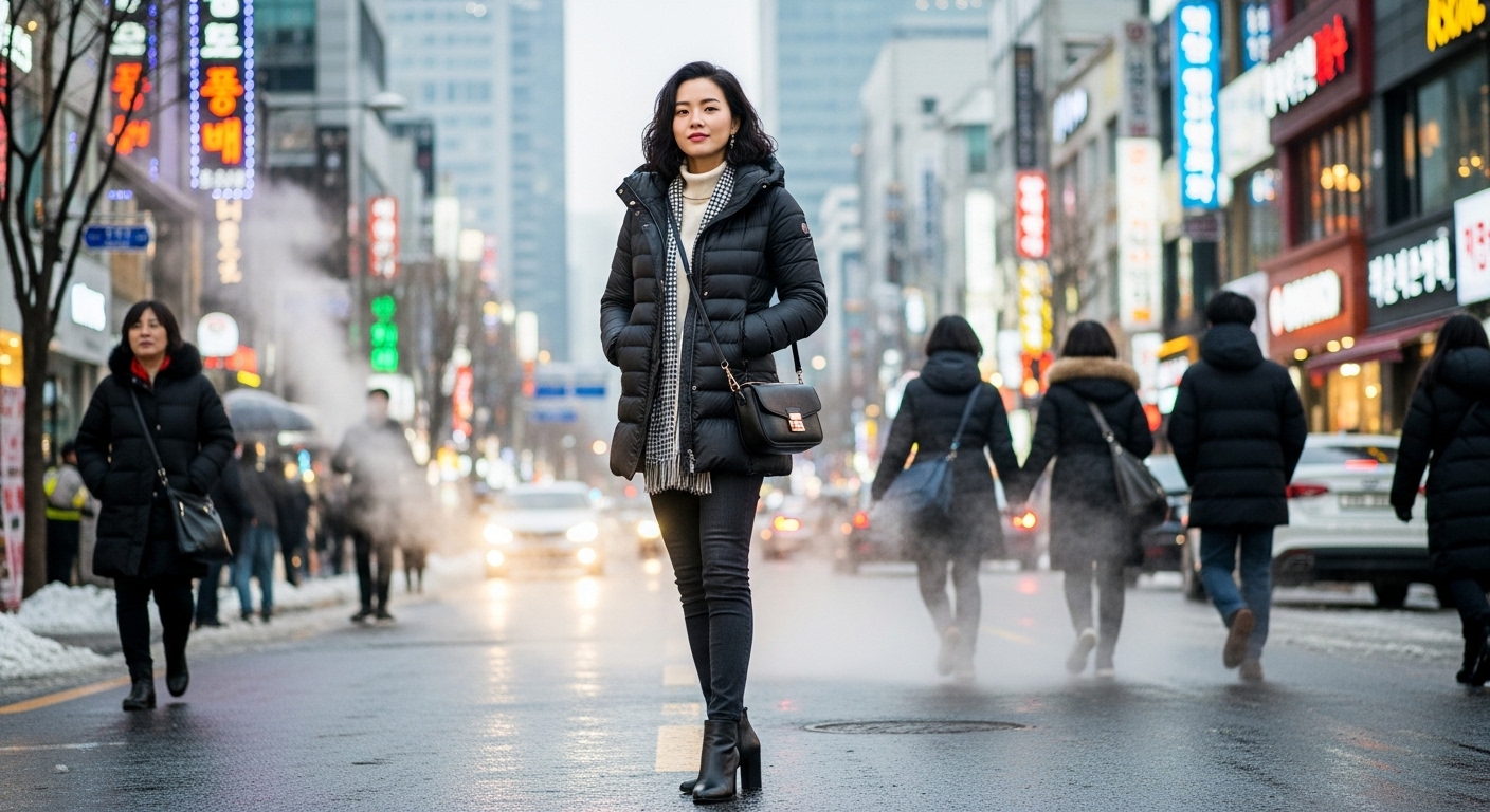 서울 거리에서 에르노 다운 자켓을 입고 있는 세련된 여성