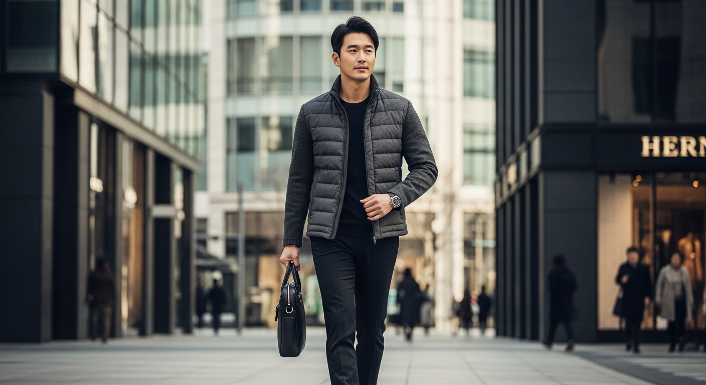 도시 환경에서 차콜 그레이 하이브리드 재킷을 입은 남성