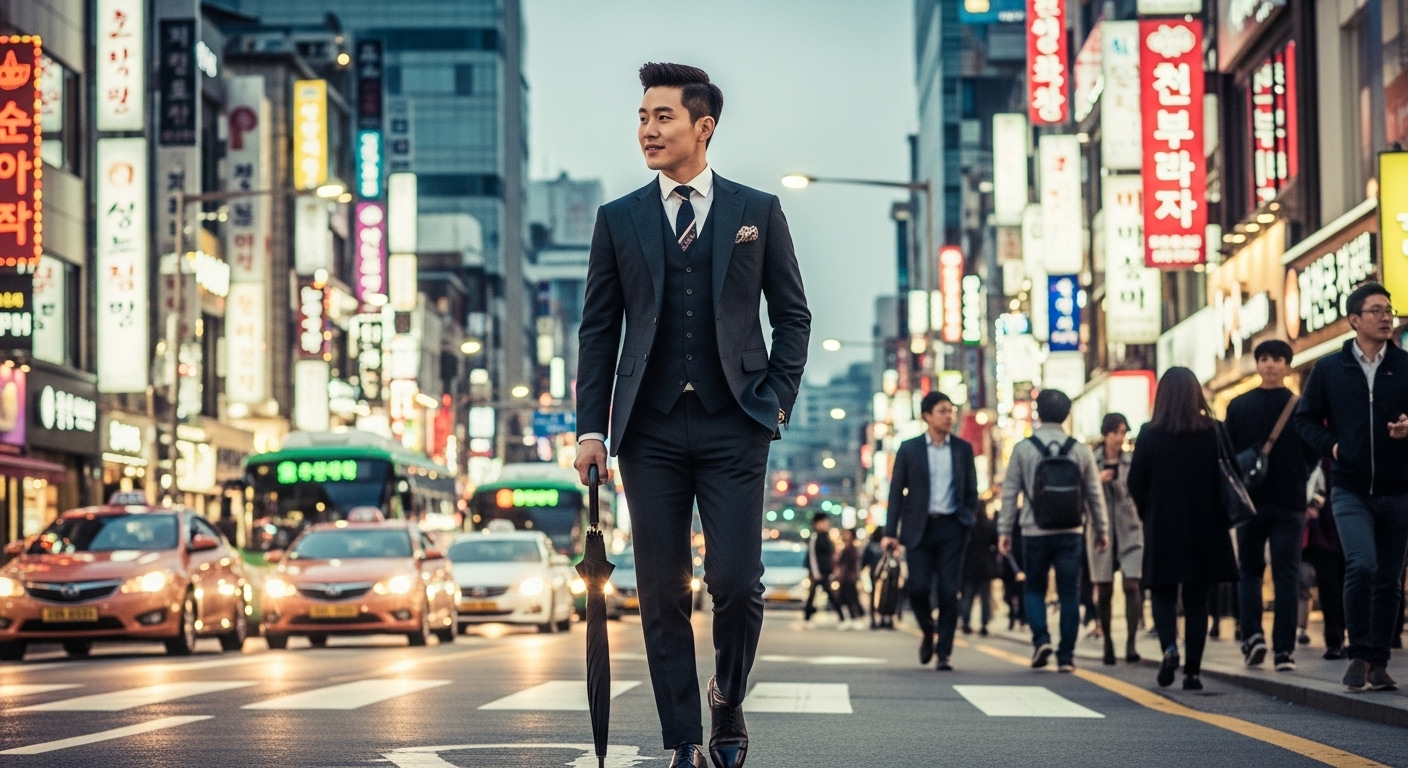 서울 거리에서 세련된 수트를 입고 걷는 남성