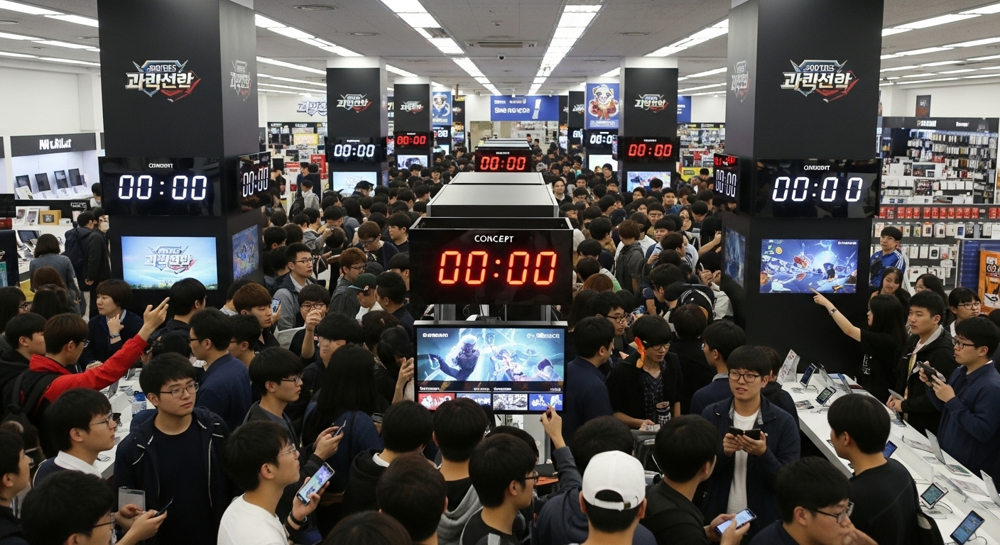 전자 상점에서 새로운 모바일 게임을 기대하며 기다리는 한국 게이머들