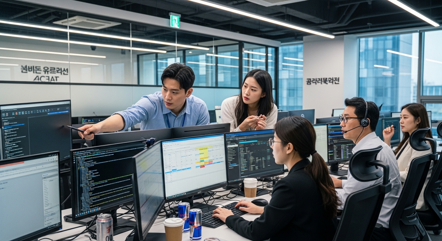 사무실 환경에서 복잡한 계정 문제를 해결하는 기술 지원 팀의 모습