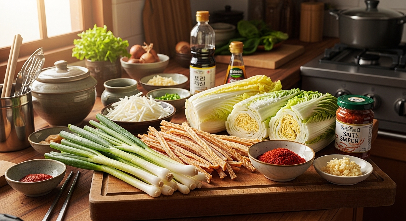 싱싱한 재료와 북어채가 준비된 한국 주방