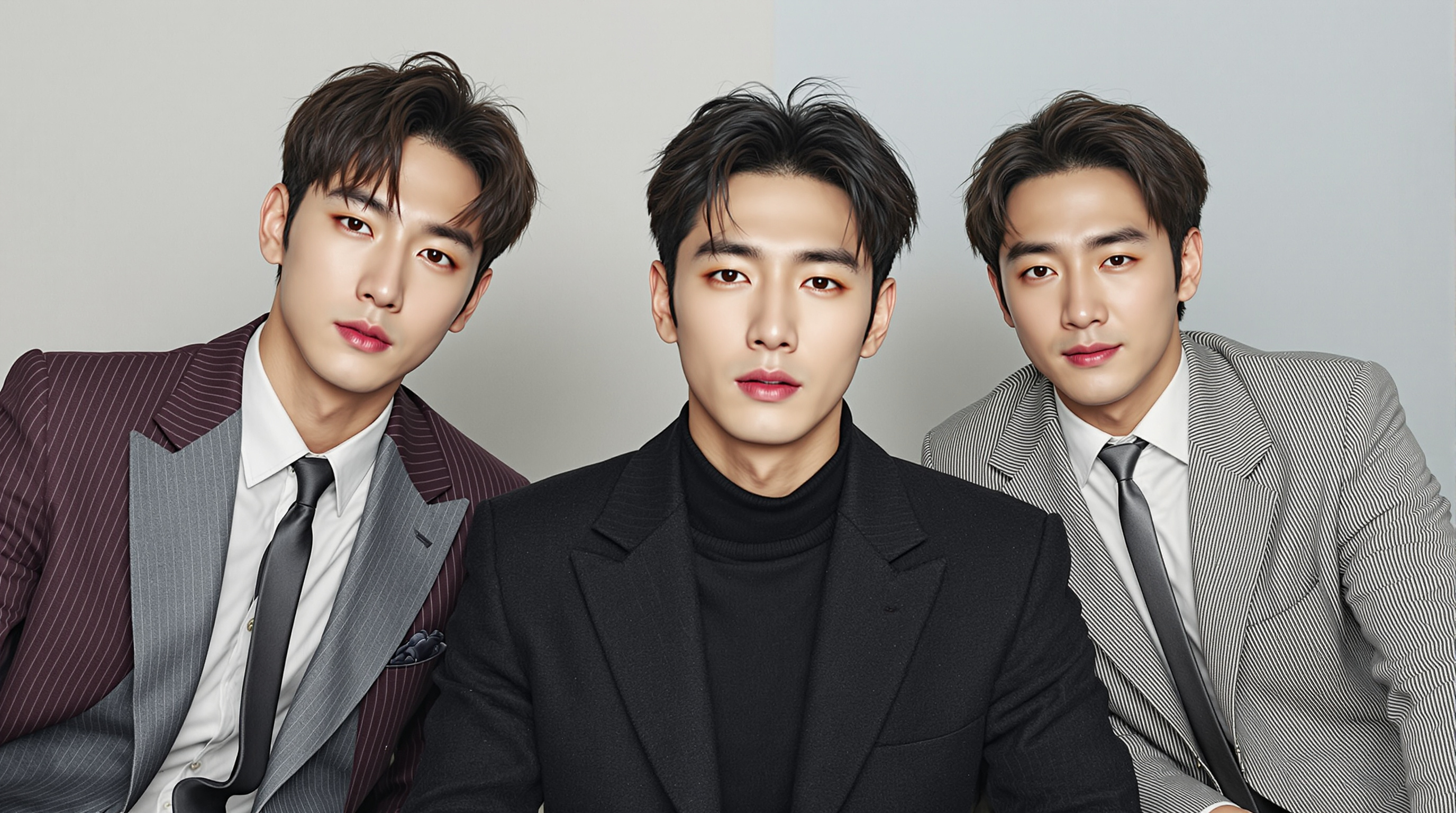지창욱, 도경수, 이광수가 각각 다른 표정으로 포즈를 취하고 있는 스튜디오 촬영