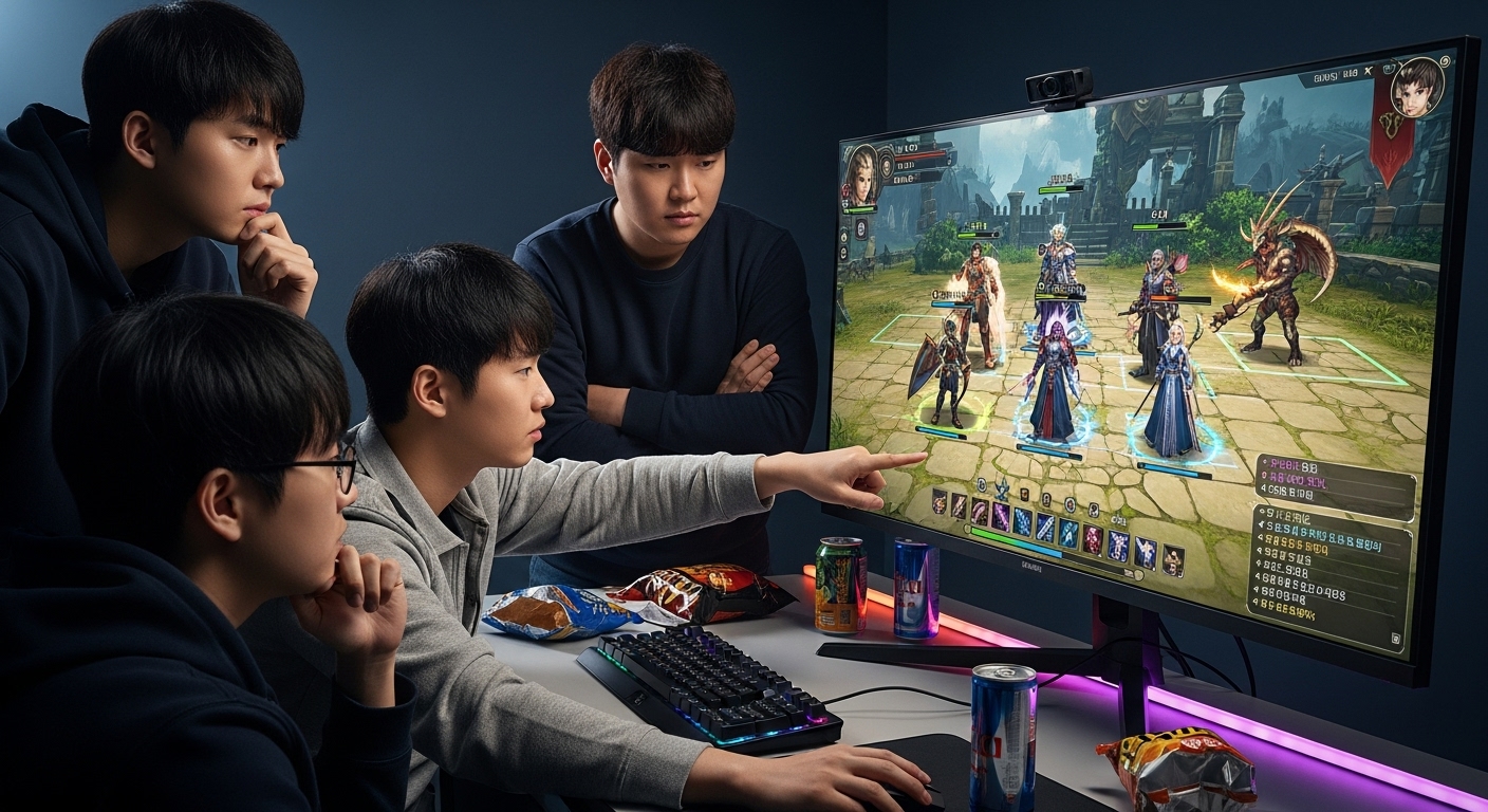 네 명의 캐릭터가 턴제로 진행하는 게임 화면을 보는 게이머들