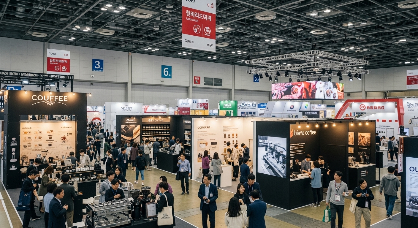코엑스 전시장에서 커피 부스를 둘러보는 사람들로 가득한 활기찬 분위기