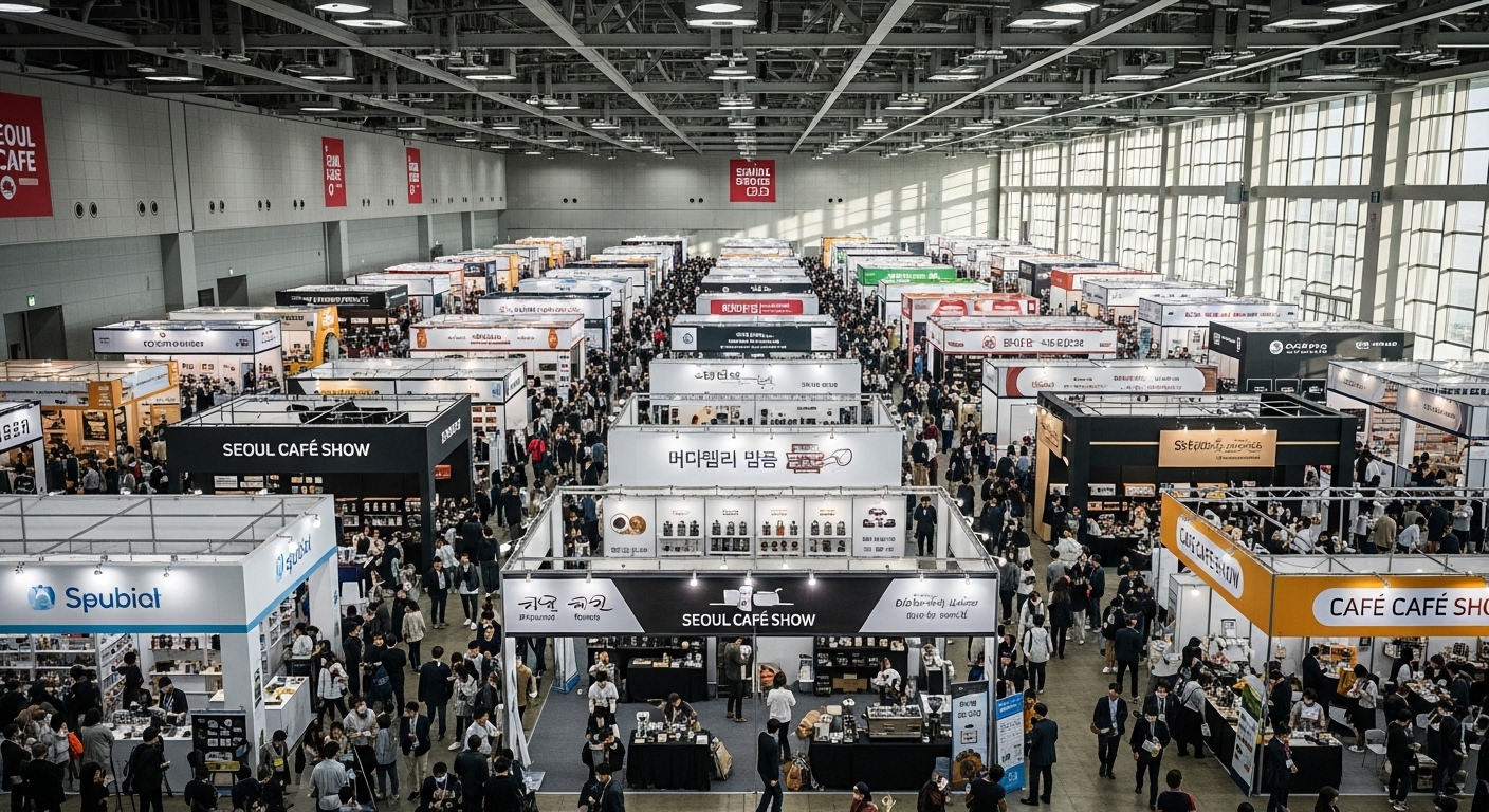 많은 인파와 다양한 부스로 가득한 코엑스 센터의 항공 촬영 이미지