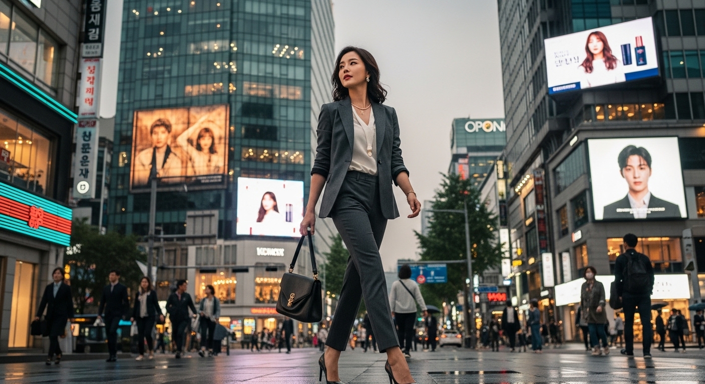 세련된 도시 감각을 가진 여성이 강남 거리를 걷는 모습