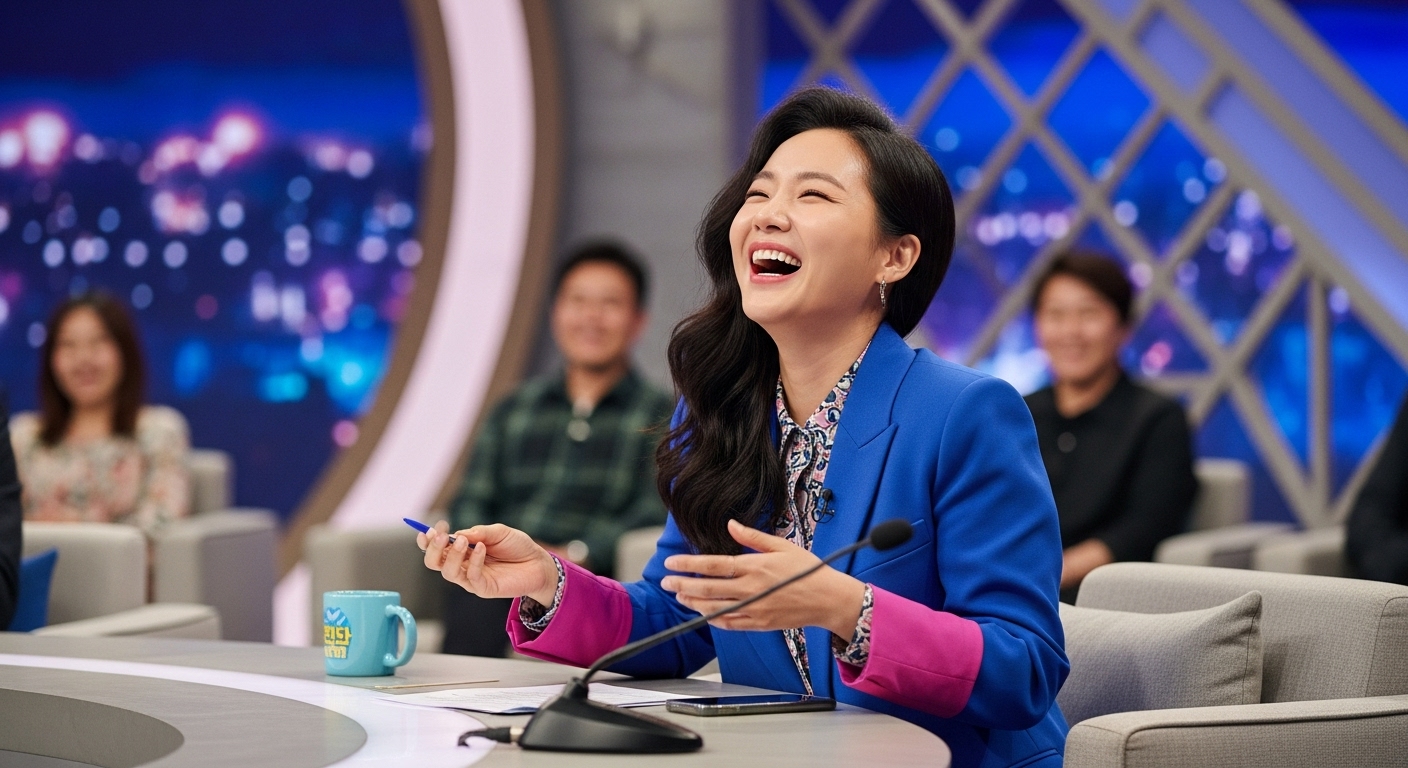 유쾌한 대화로 매력을 발산하는 여성이 토크쇼에 등장하는 장면