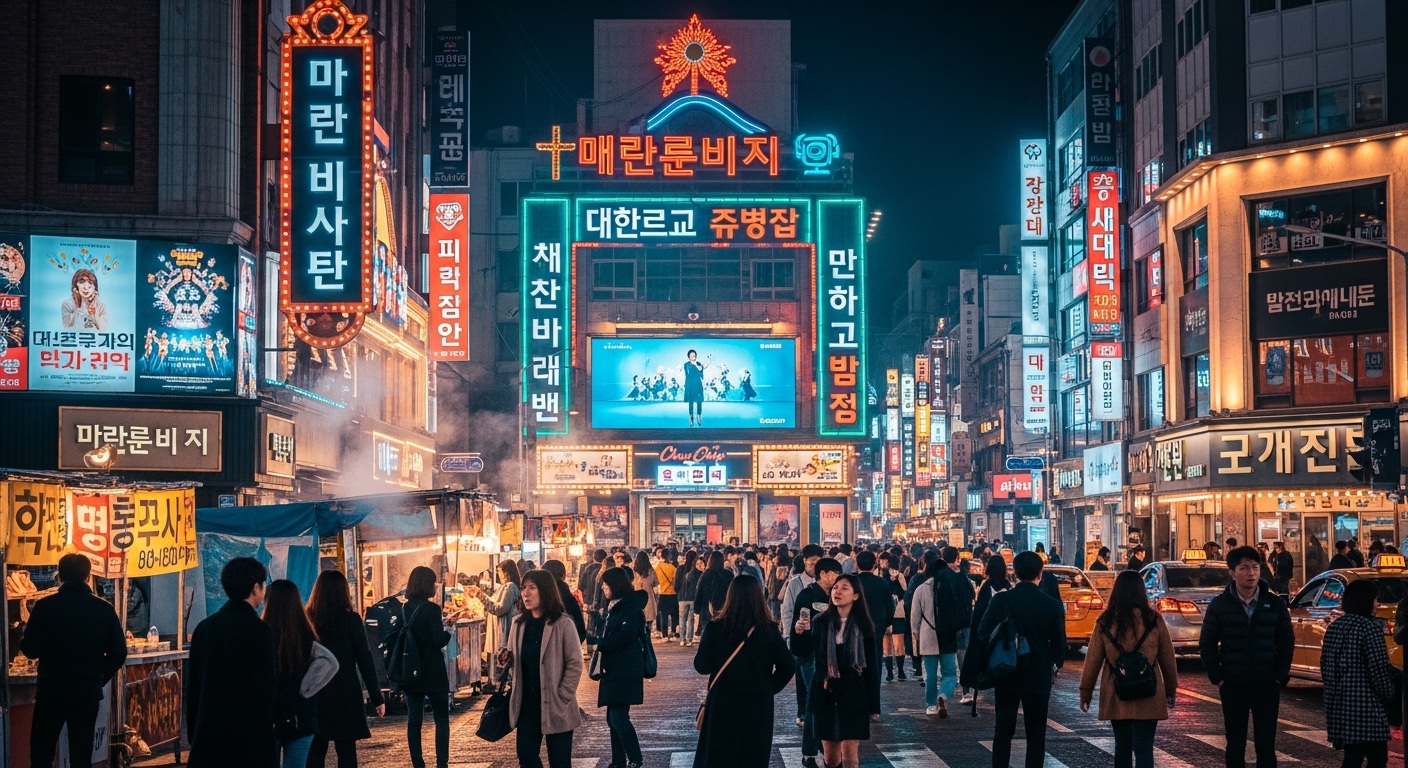 대학로의 활기찬 밤거리와 극장 포스터