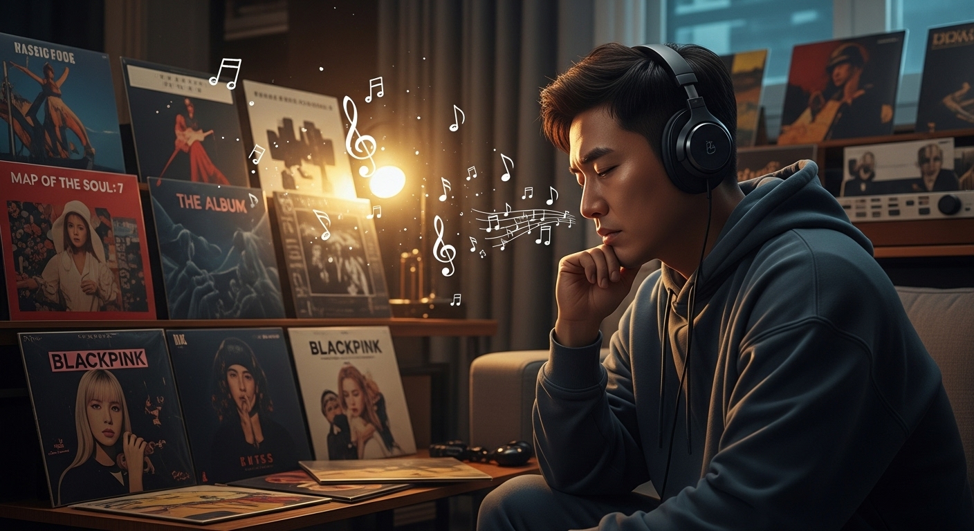 헤드폰을 끼고 음악을 듣는 남성이 앨범 커버와 악보로 둘러싸인 장면